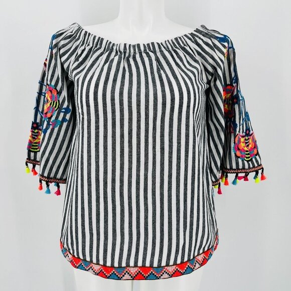 See And Be Seen Black Stripe Blouse Size M Off The Shoulder Embroidery Fringe - Picture 1 of 11